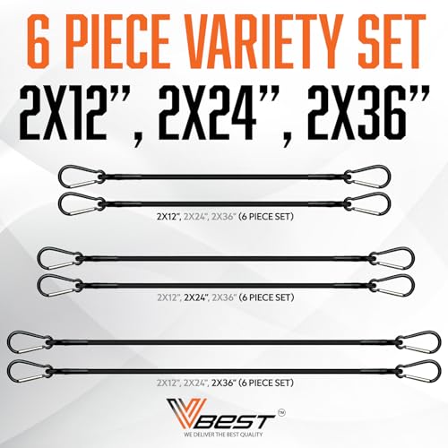 Image of Bungee Cords with Carabiner Hooks - 6Pcs Heavy Duty Outdoor Bungees | Black Rubber Bungy Chords Set Includes 2x12 inch, 2x24 inch, 2x36 inch - Strong Bungie Straps - UV & Weather Resistant 200lb Strength