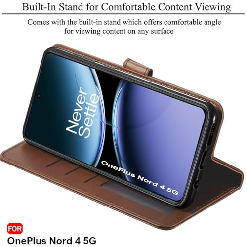 Image of TheGiftKart Genuine Leather Finish Flip Back Cover Case for OnePlus Nord 4 5G | Inbuilt Pockets & Stand | Wallet Style | Designer Button | Flip Cover Back Case for OnePlus Nord 4 (Faux Leather, Brown)
