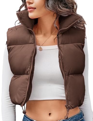 Kissonic Women's Cropped Puffer Vest Lightweight Fluffy Vest Sleeveless Warm Winter Outerwear(Brown-L)