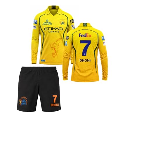 Image of CSK thala Dhoni 7 Official Team Jersey with Black Shorts 2024 for Boys and Men(8-9Years,Multicolor-1)