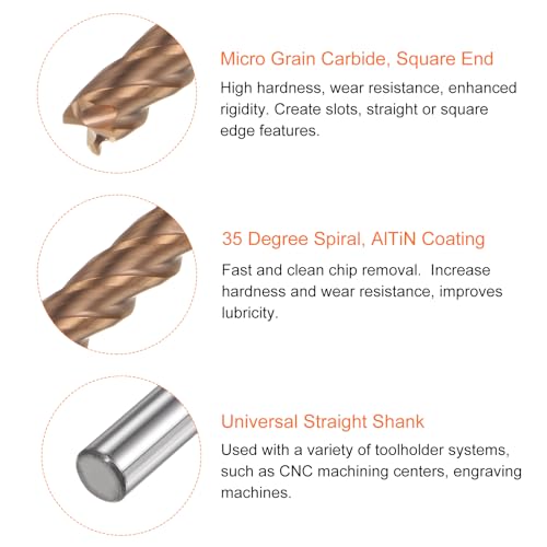 Image of HARFINGTON Micro Grain Carbide Square End Mill 3 /16 inch x 25 /32 inch (5mm x 20mm) Cut 3 /16 inch (5mm) Shank 3 inch (75mm) Length AlTiN Coated 4 Flutes Square Nose Cutter for Alloy Steel Hardened Steel