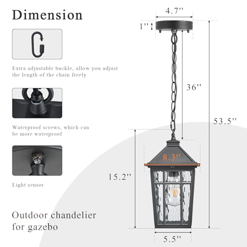 Image of Large Outdoor Pendant Lights for Porch 15.2 Inch Dusk to Dawn Black Hanging Porch Lights Outdoor Waterproof Exterior Hanging Light Fixture with Adjustable Chain E26 Socket
