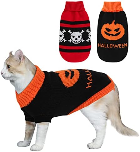 HUMLANJ 2 Packs Halloween Cat Sweater Turtleneck Knitted Pumpkin Sweaters for Cats Only Kitten Kitty Skull Sweater Warm Winter Knit Pullover Knitwear Puppy Small Dogs