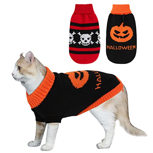 2 Packs Halloween Cat Sweater Turtleneck Knitted Pumpkin Sweaters for Cats Only Kitten Kitty Skull Sweater Warm Winter Knit Pullover Knitwear
