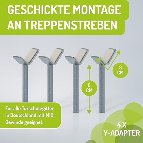 BOMI Y-Adapter 4er Set Silber I Metall Spindel für Türschutzgitter und Treppengitter I M10 Gewinde, geeignet für Geländer bis 60 mm I Anti-Rutsch Funktion | Zubehör für Kinderschutzgitter ohne Bohren