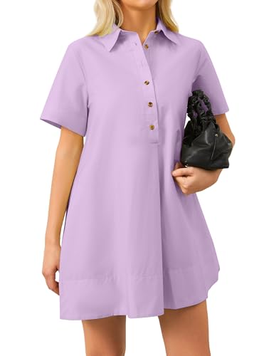 Image of Dsewpaur Short Sleeve Swing Tunic Mini Dress for Women Button Up Shirt Blouse Short Dress Summer Casual Flowy A Line Dress