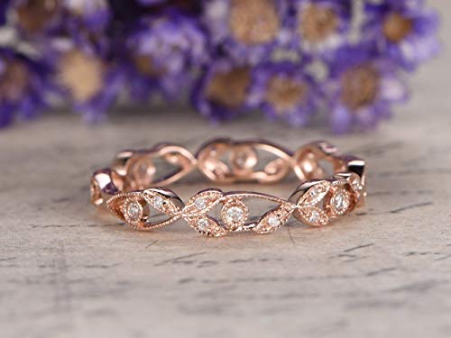 Diamond Wedding Band Vintage Solid 14k Rose Gold Full Eternity Twig Flower Antique Leaf Engagement Stacking Ring Birthstone Matching Band Retro Art Deco Anniversary Gift