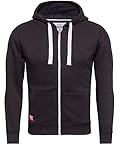 DESIGN: Klassisch und schlicht präsentiert sich die Herren Sweatjacke von Akito Tanaka. Eine Kapuze mit Kordelzug, eine Kängurutasche und eine dezente Stickerei hinten bestimmen die Optik