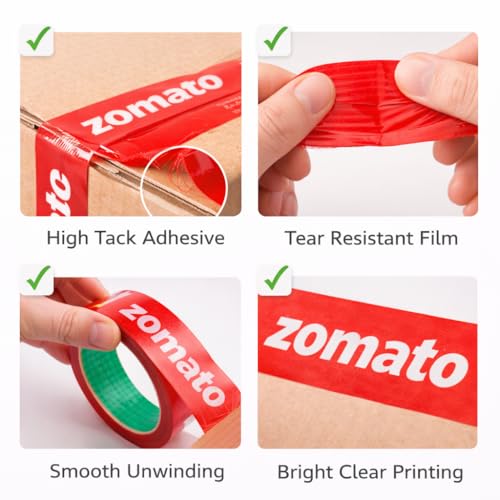 Image of Zomato Food Packing Tape | Pack of 12 | Strong Adhesive Red Color 24 mm 1 Inch x 65 Meter For Food Delivery Takeaway Boxes And Ecommerce Packing