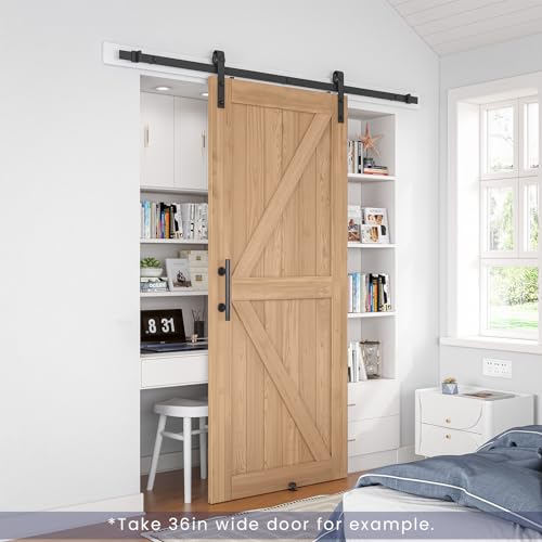 Image of SMARTSTANDARD 36 inch x 84 inch Carbonized Sliding Barn Door with 6.6FT Hardware Kit Included, Assembly Required, Lockable, Thermally Modified Wood, Brown