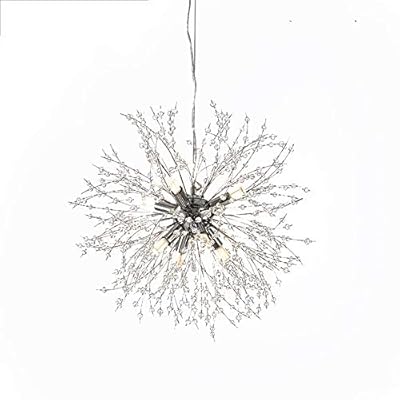 SUARIA Modern Crystal Firework During Light 16-Lights Dandelion Sputnik Chandelier Metal Chrome Finish Hanging Light for Dining Room Living Room Bedroom-Loth 9 Head 50cm