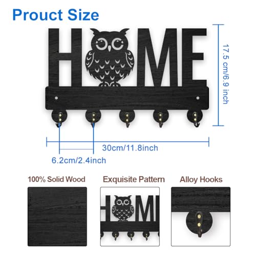 MAYJOYDIY Wooden Home Owl Key Hook Wall Mounted Animal Key Holder for Wall 30 x 17.5 cm Black Key Holder 5 Alloy Hooks Home Decor Gifts Entryway Kitchen Bathroom Storage Organizer - Image 2