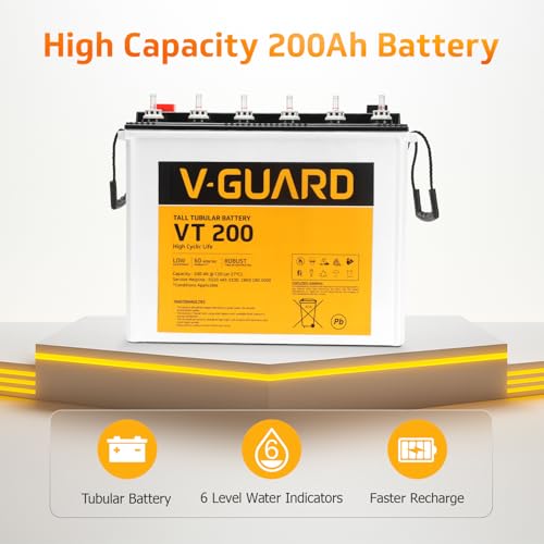 Image of V-Guard Prime 1150 Pure Sinewave 1000VA Inverter with VT 200 Tall Tubular Battery Combo | High Backup Performance | Tubular Plate Technology | 3-Year Inverter Warranty | 36+24 Months Battery Warranty