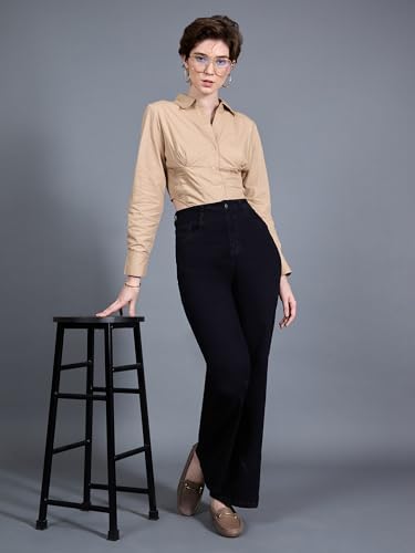 Image of Miss Chase Women's Wide Leg High Rise Clean Look Regular-Length Stretchable Denim Jeans (MCSS24DEN79-02-953-26, Oxide Black, 26)