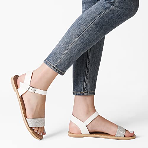 Dream Pairs Women's Hoboo-New Cute Open Toes One Band Ankle Strap Flexible Summer Flat Sandals Silver White Glitter Size 6 #TOP3