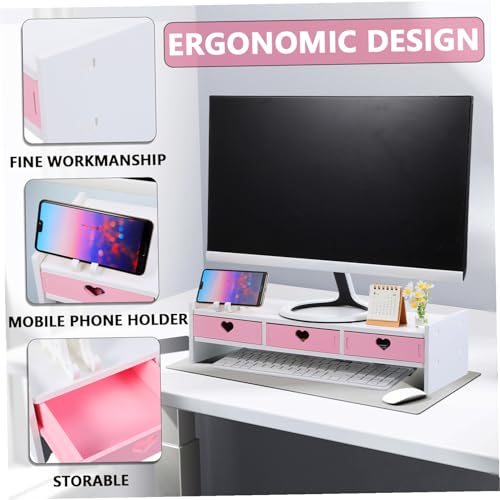 Support d'écran d'ordinateur ergonomique rose pour ranger son clavier et son téléphone
