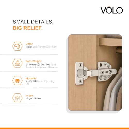 Image of VOLO Cabinet Hinges, Set of 1 (2 Pieces) for Furniture, Wardrobes, Doors, and Storage Units | (3D Soft Close (Mild Steel), 0 Crank | Full Overlay)
