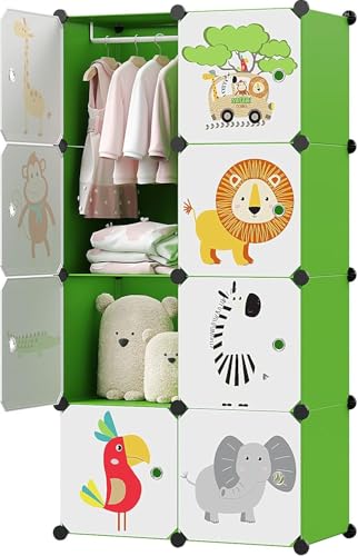 Image of 8 Door Kids Cartoon Wardrobe Storage Cabinet - DIY Modular Clothes Organizer with Hanging Cartoon Design Wardrobe with Multi for Bedroom, Living Room,Entryway