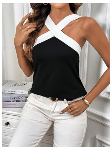 Floerns Women's Solid Sleeveless Tank Colorblock Binding Criss Cross Front Halter Top4