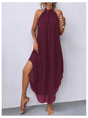Image of Verdusa Women's Wedding Guest Dress Halter Flowy Chiffon Long Dresses | Cocktail Dress, Asymmetrical Dress for Women, Sleeveless, Prom Dress, Cruise Outfits, Boho