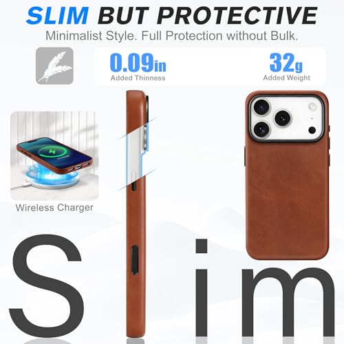 Image of SHIELDON Genuine Leather Case for iPhone 17 Pro 6.3 inch 2025, Retro Brown | Compatible with MagSafe, Magnetic Wireless Charging, Camera Button, Metal Buttons, Camera Bezel, Slim, Shockproof, Women Men
