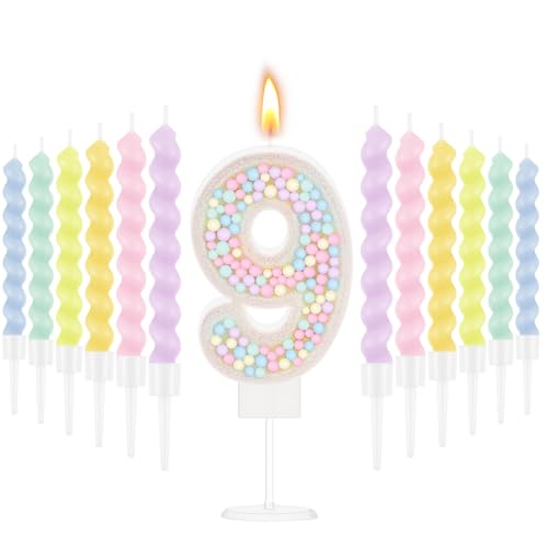 MTLEE Number 9 Birthday Candle with 12 Pcs Spiral Candles for Girls Macaron Pastel Rainbow Unicorn Pink Cake Topper for Sweet Theme Party Decoration
