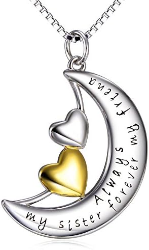 DAOCHONG Sterling Silver Always My Sister Forever My Friend Moon Double Love Heart Pendant Necklace, 18"