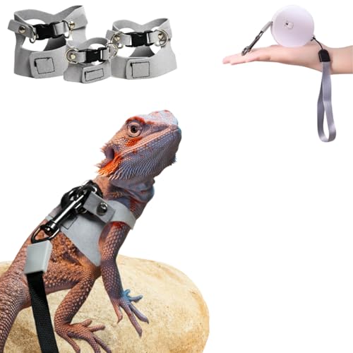 Image of 3 Pack Bearded Dragon Harness and Leash Set- Adjustable Soft Leather Reptile Harness with Retractable Leash for Small Animal Escape-Proof Design for Lizard Squirrel Sugar Glider (Grey)