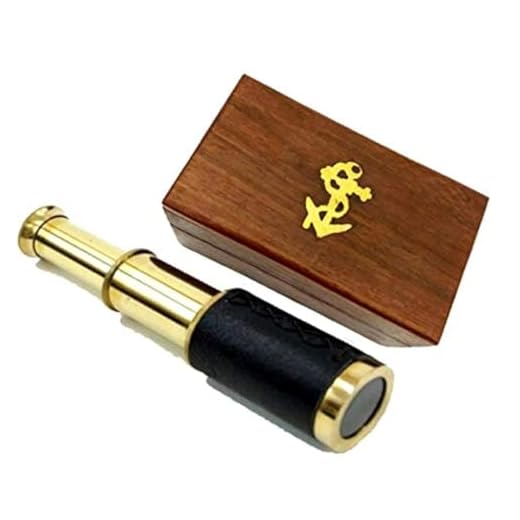 6" Brass Handheld Telescope with Wooden Box - Pirate Navigation with Anchor Wooden Box