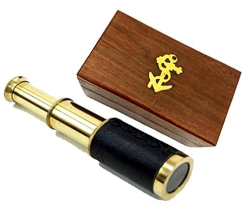 6' Brass Handheld Telescope with Wooden Box - Pirate Navigation with Anchor Wooden Box Rustic...