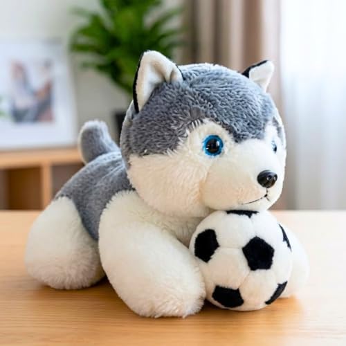Image of Tickles Cute Husky Dog with Football Soft Stuffed Plush Animal Sports Theme Toy for Kids Boys & Girls Birthday Gifts (Size: 28 cm Color: White & Grey)