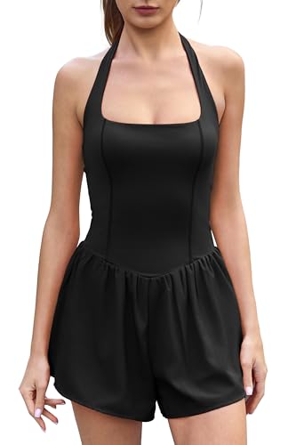 QINSEN Women's Halter Square Neck Romper Double Lined Jumpsuit Casual