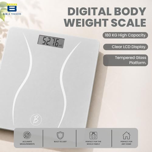 Image of Btag Premium Digital Body Weight Scale | 26x26 cm Wide Platform | Clear LCD Display | Anti-Skid Base | 180 kg Capacity S-Shape Design (White)
