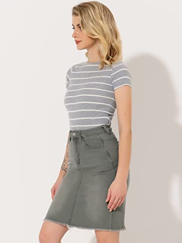 Allegra K Women's Basic Distressed High Waist Ripped Hem Washed Jeans Denim Skirt3