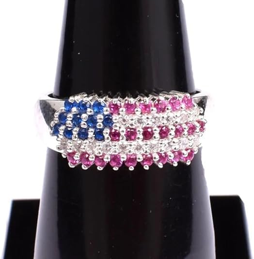 Vintage American Flag Style Birthstone Patriotic Rings For Women 14K Yellow Gold Plated 925 Sterling Silver Handmade 2 Ct Round Cut Diamond Art Deco USA Flag Jewelry Gorgeous Gift For Her
