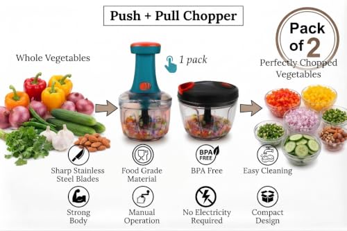 Image of Vegetable Chopper | Manual Food Chopper with Stainless Steel Blades | Onion Cutter, Garlic Cutter, Chilli Cutter (Multicolore, L m)