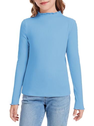 Hvididan Girls Long Sleeve Shirts Blue Casual Mock Neck Lettuce Trim Ribbed Knit Slim Fit Tops Tee for 9-10 Years