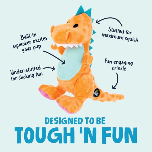 Image of goDog Dinos T-Rex Squeaky Plush Dog Toy with Chew Guard Technology, Durable Fabric & Squeaker for Active Play, Orange, Medium