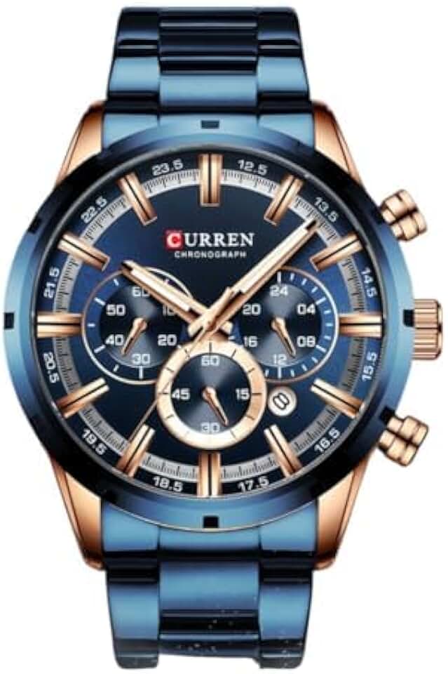 Relógio Masculino "Sea Rose" – Azul com Detalhes em Ouro Rose, Cronógrafo, Pulseira 24mm, Visor 47mm, Aço Inoxidável, Estilo Luxuoso e Resistente à Água + Caixa Premium