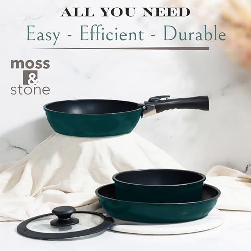Image of Moss & Stone Aluminum Pots And Pans Set Nonstick, Removable Handle Cookware, Stackable , Dishwasher Safe, Induction Camping Cookware Set. (10 Pieces Blue)