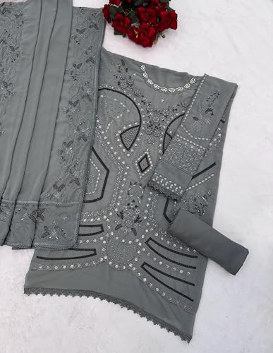 Image of RUDRAPRAYAG Women's Georgette Fabric Wih Embroidered Sequence Work And On Neck Moti Hand Work Semi Stitched Sharara Salwar Suit With Dupatta Set