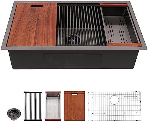 32 Black Undermount Kitchen Sink Workstation- Mocoloo 16 Gauge Stainless Steel Matte Black Gunmetal Single Bowl Deep Ledge Workstation Kitchen Sink with Cutting Board
