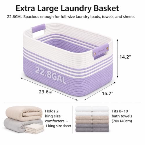 Image of 22.8GAL Xl Extra Large Laundry Basket for Bathroom, Dorm Dirty Clothes, Sturdy Portable Aesthetic Boho Cute Woven Storage Shoes Blanket Baskets for Living Room Decor Girls Boys Pets Toys White Purple