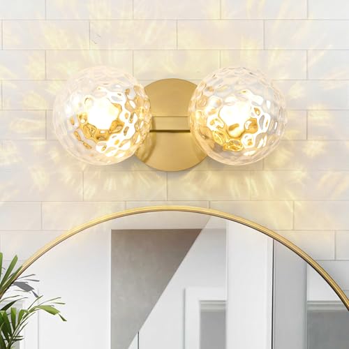 Image of Gold Globe Wall Sconce,Vanities Lights with 2 Clear Glass Shades | 6 inch Modern Spherical Vanity Sconces,Contemporary Small Brass Ball Lights Fixture for Entryway Bedside Bathroom,E26 Base