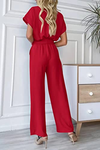 PRETTYGARDEN Women's Summer One Piece Jumpsuits Belted Short Sleeve Wrap V Neck Fashion Dressy Casual Wide Leg Pants Romper
