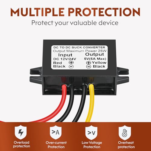Image of DC 12V /24V to 5V 5A 25W Step Down Converter, DC-DC Voltage Reducer Regulated Power Module for Auto Vehicle Surveillance Camera 1-Pack