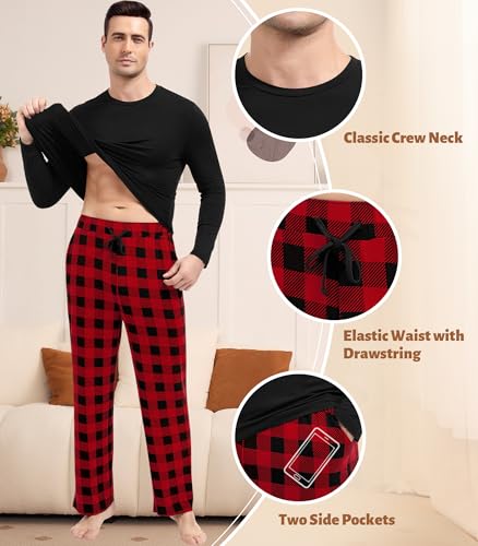 Image of NACHILA Pajamas for Men-Viscose Made from Bamboo, Long Sleeve Pajamas Set Comfy Sleepwear Pants Soft V Neck Pjs with Pockets