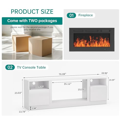 Image of MXV 70 inch Fireplace TV Stand for TVs Up to 80 inch, LED Light Entertainment Center with 36 inch Electric Fireplace, Modern Wood Texture TV Media Console with Highlight Storage Cabinet, White+Black