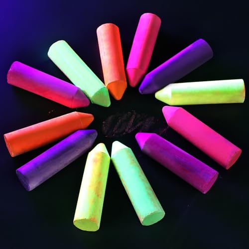 Feifeiya 12 Pcs Glow in the Dark Chalk Under Blacklight 6 Neon Colors Washable Dustless UV Sidewalk Chalk for Black Light Party Playground Chalkboard Birthday Gift and Outdoor Drawing (Crayon)