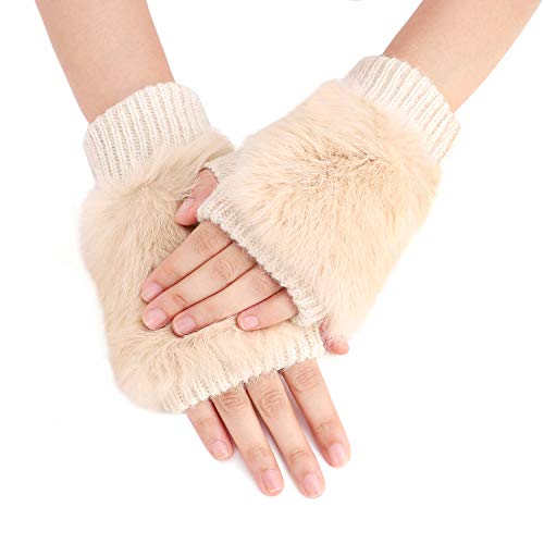 Women Girls Knitted Mitten Gloves with Rabbit Fur Winter Warm Fingerless Gloves2